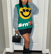 The "Oh Happy Days" Denim Sleeve Sweater in Green | Ready to Ship β 40% OFF