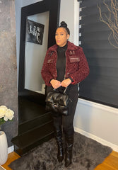 The "Luxe Sherpa" Moto Coat in Merlot Red | Ready to Ship — 40% OFF