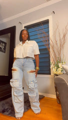The "Siarra" Rhinestone Slit Cargo Jeans | Ready to Ship