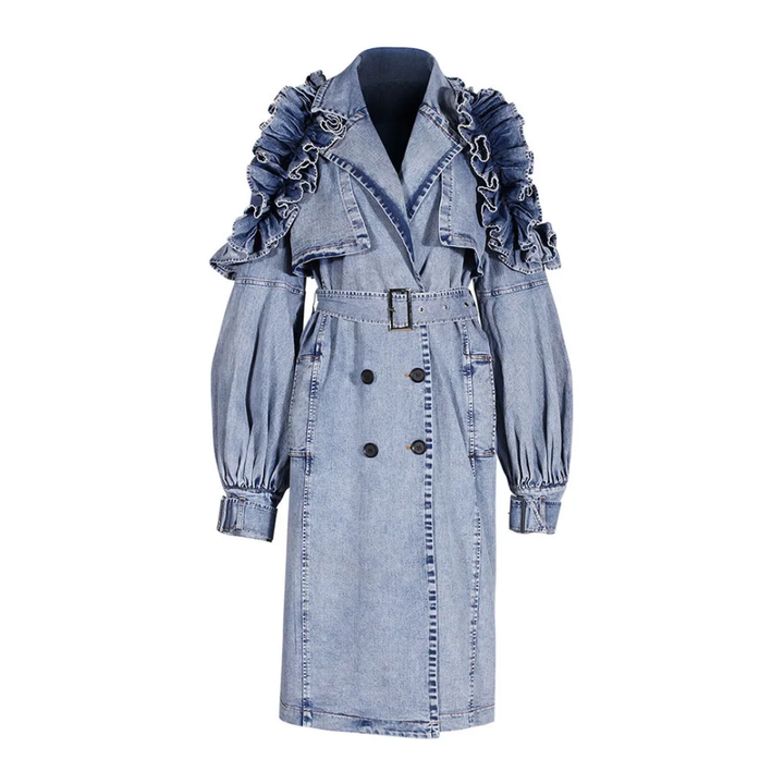 The "Azhani" Ruffle Denim Trench Coat  | Pre-Order - Ships Between November 30th - December 20th