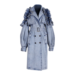 The "Azhani" Ruffle Denim Trench Coat  | Ready to Ship
