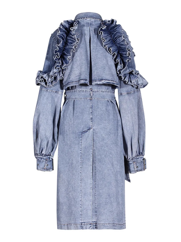 The "Azhani" Ruffle Denim Trench Coat  | Pre-Order - Ships Between November 30th - December 20th
