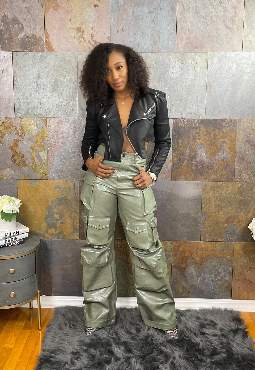 The "Karinah" PU Leather Cargo Pants in Green | Ready to Ship