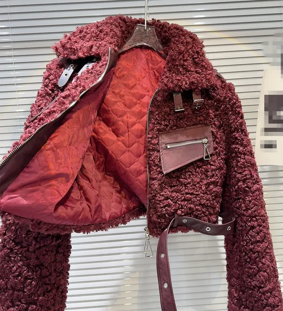 The "Luxe Sherpa" Moto Coat in Merlot Red