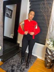 The "Jazlyn" Cropped Patch Cable Sweater in Red | Ready to Ship