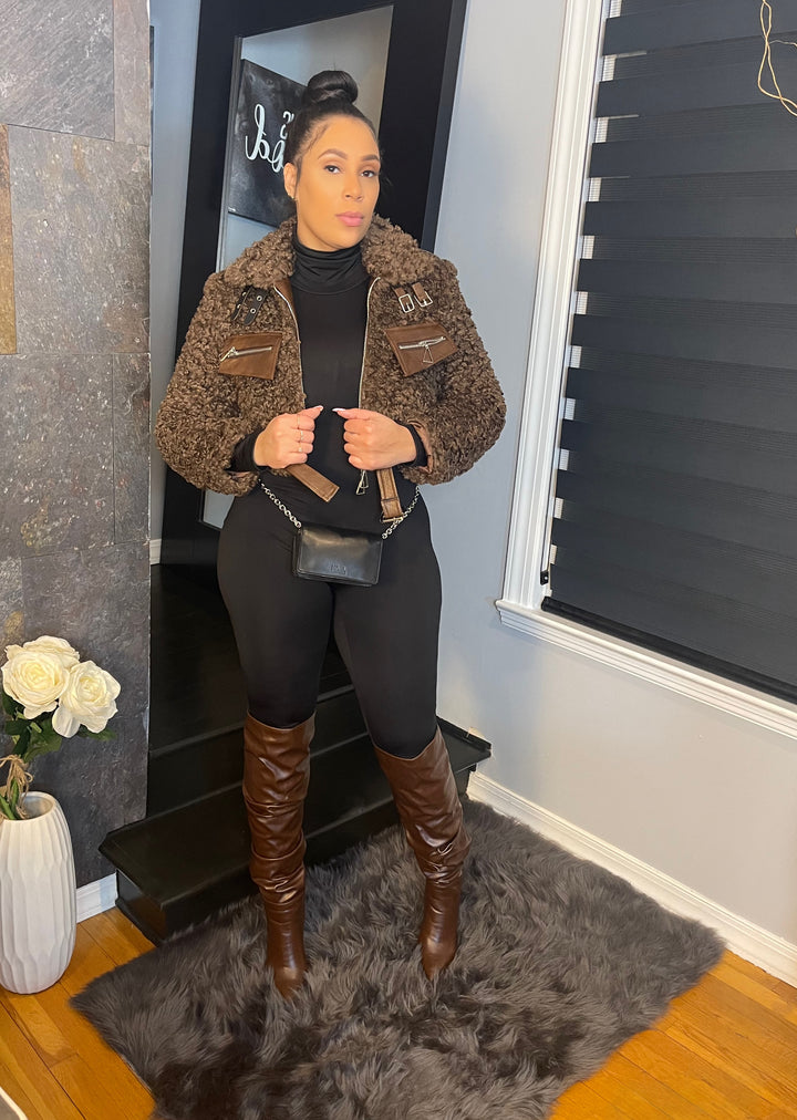 The "Luxe Sherpa" Moto Coat in Chestnut Brown