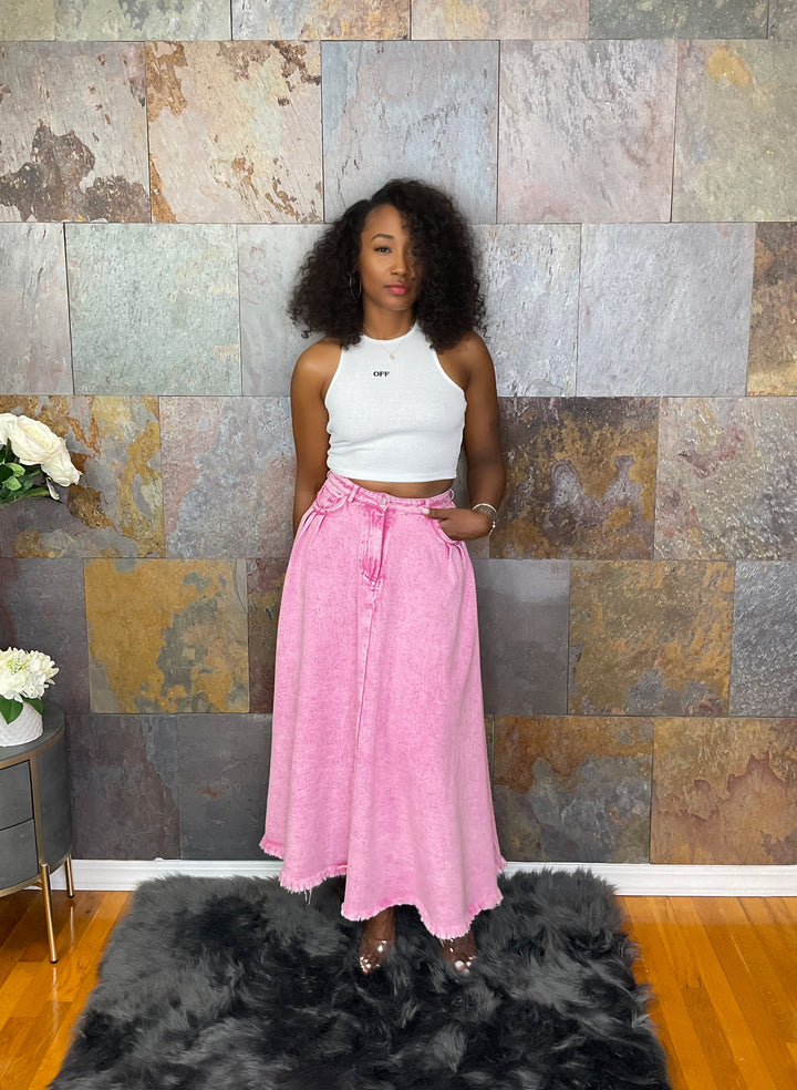 The "Annya" Long Washed Denim Skirt in Pink | Ready to Ship