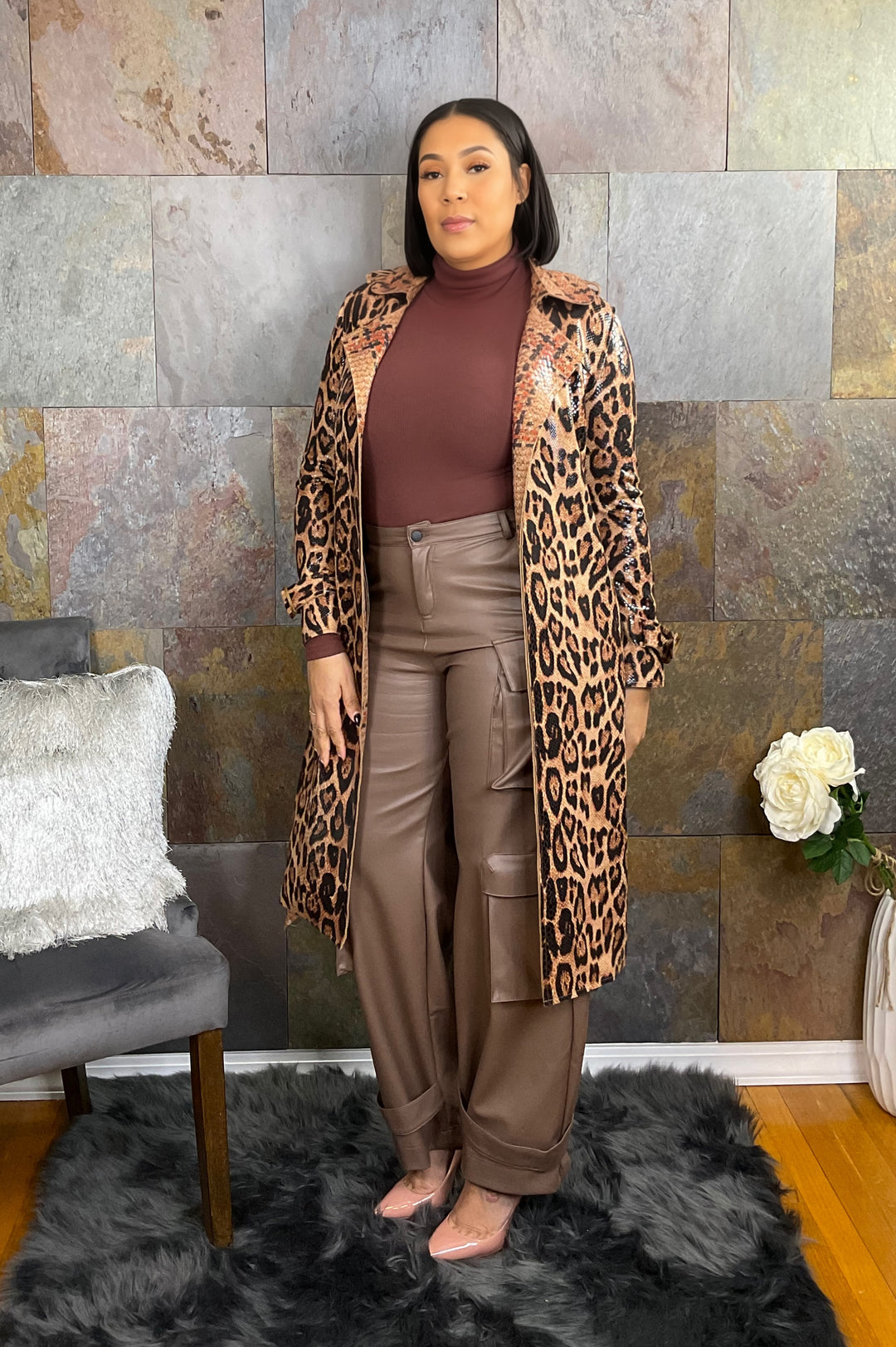 The "Jayda" Faux Leather Leopard Trench | Ready to Ship