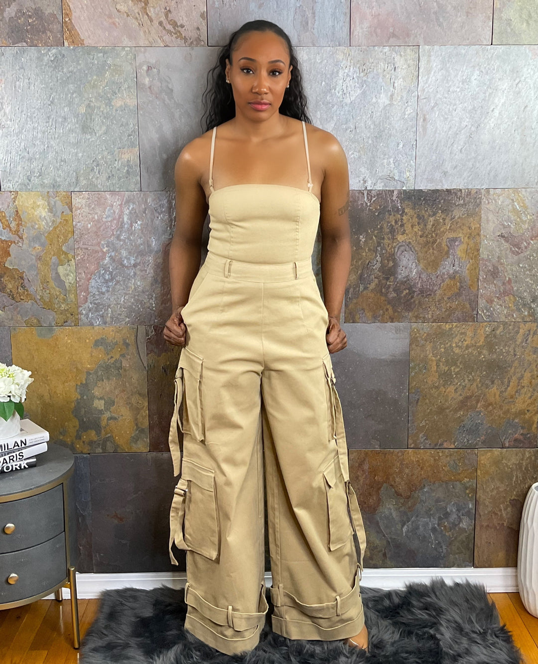 The "Amirah" Wide-Leg Jumpsuit in Khaki | Ready to Ship