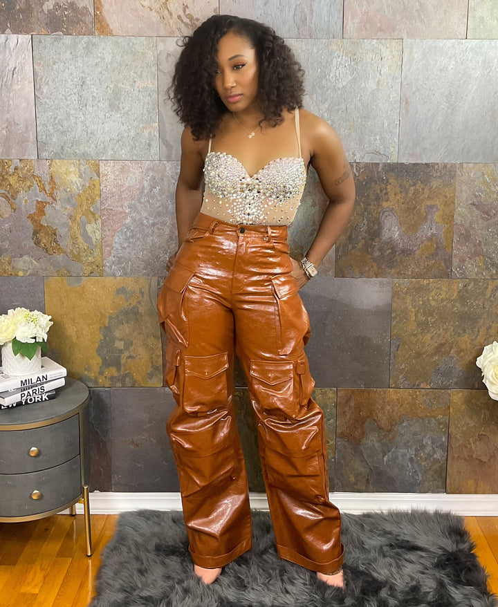 The "Karinah" PU Leather Cargo Pants in Brown | Ready to Ship