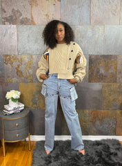 The "Jazlyn" Cropped Patch Cable Sweater in Khaki | Ready to Ship