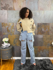 The "Jazlyn" Cropped Patch Cable Sweater in Khaki | Ready to Ship