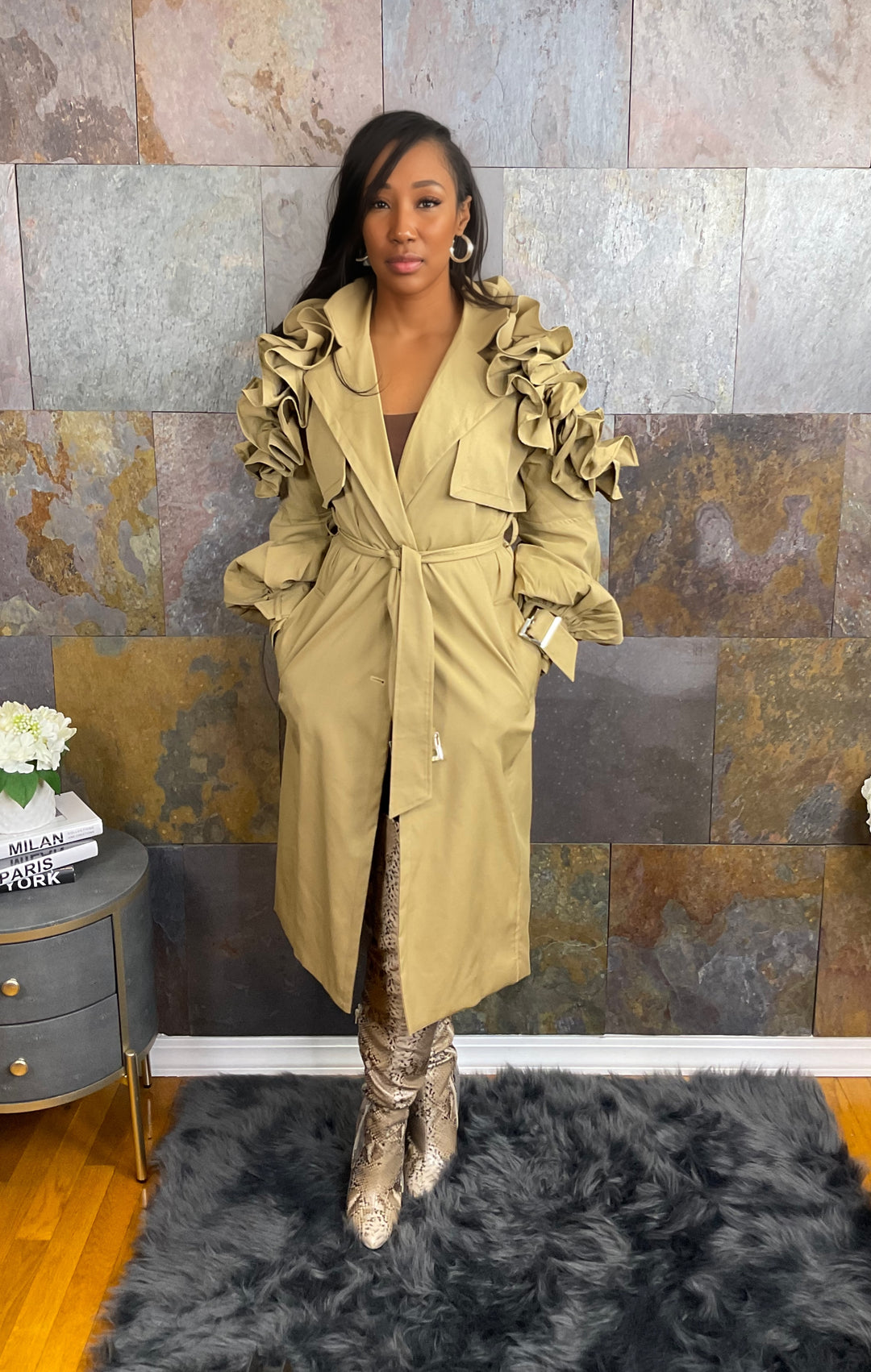 The "Kyria" Ruffle Sleeve Trench | Pre-Order  (Ships between 2/15/24 - 2/29/24)