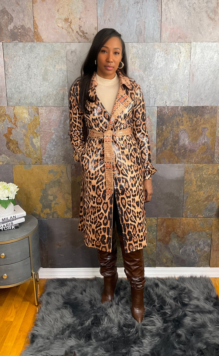 The "Jayda" Faux Leather Leopard Trench | Ready to Ship