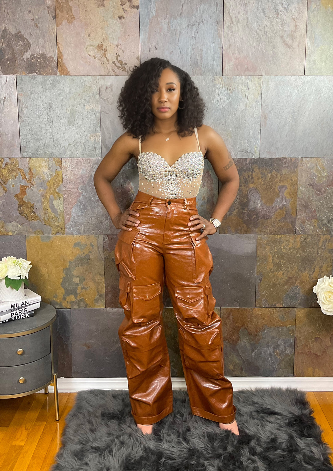 The "Karinah" PU Leather Cargo Pants in Brown | Pre-Order   (Ships between 3/15/24 - 3/31/24)