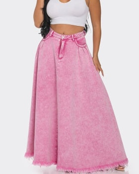 The "Annya" Long Washed Denim Skirt in Pink | Ready to Ship