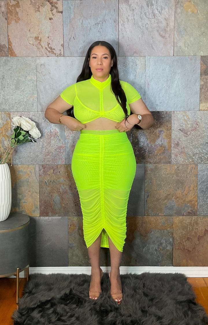 The "Tahlee" 2 Piece Mesh/Bandage Skirt Set in Lime | Ready to Ship