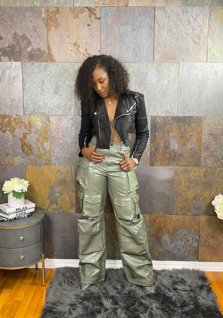 The "Karinah" PU Leather Cargo Pants in Green | Pre-Order   (Ships between 3/15/24 - 3/31/24)