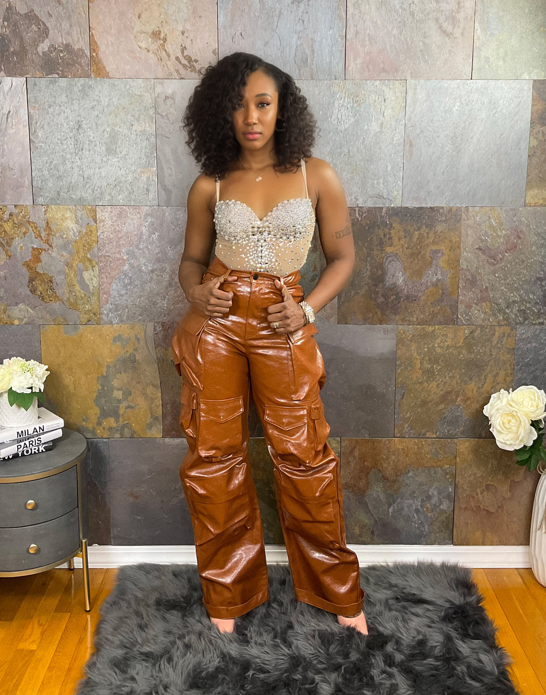 The "Karinah" PU Leather Cargo Pants in Brown | Pre-Order   (Ships between 3/15/24 - 3/31/24)