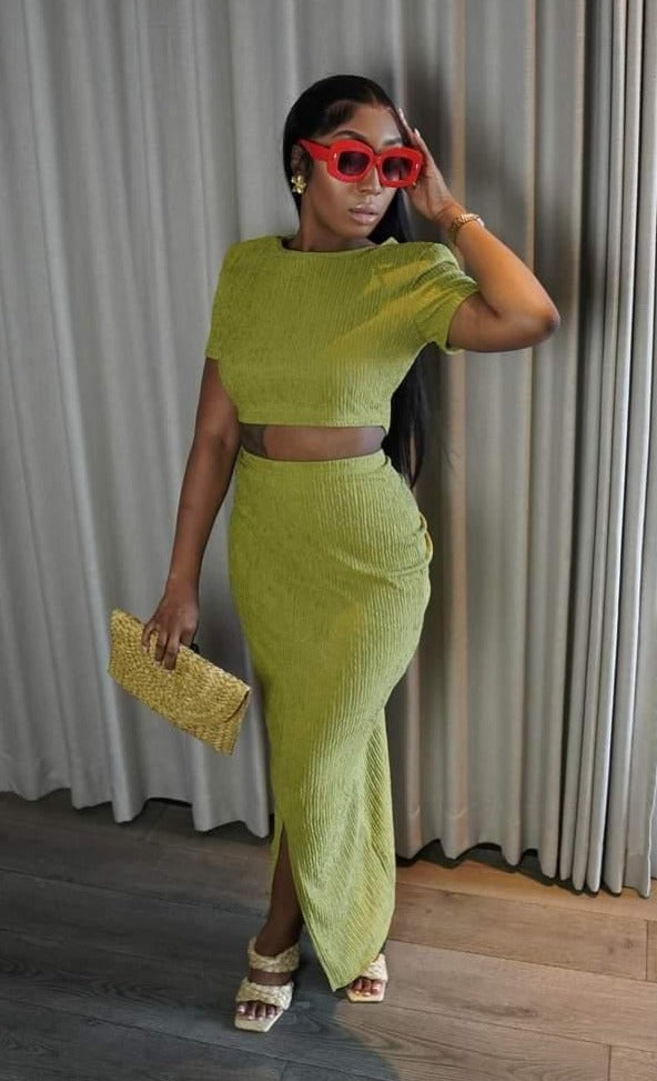 The "Havana" 2 Piece Skirt Set in Lime |  Ships around 7/15/24