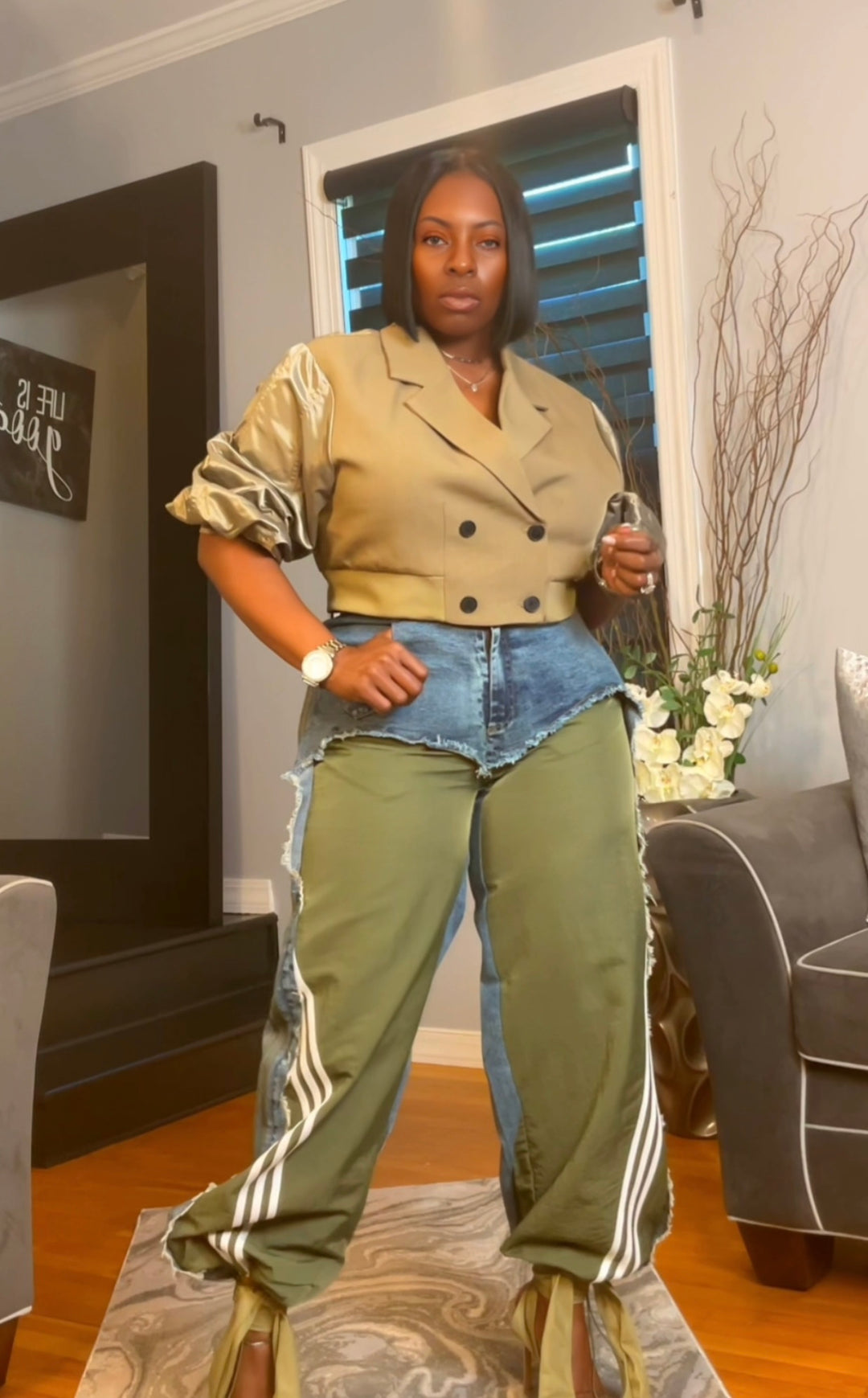 The "Tazanni" Cargo/Denim Remix Pants in Olive | Ready to Ship