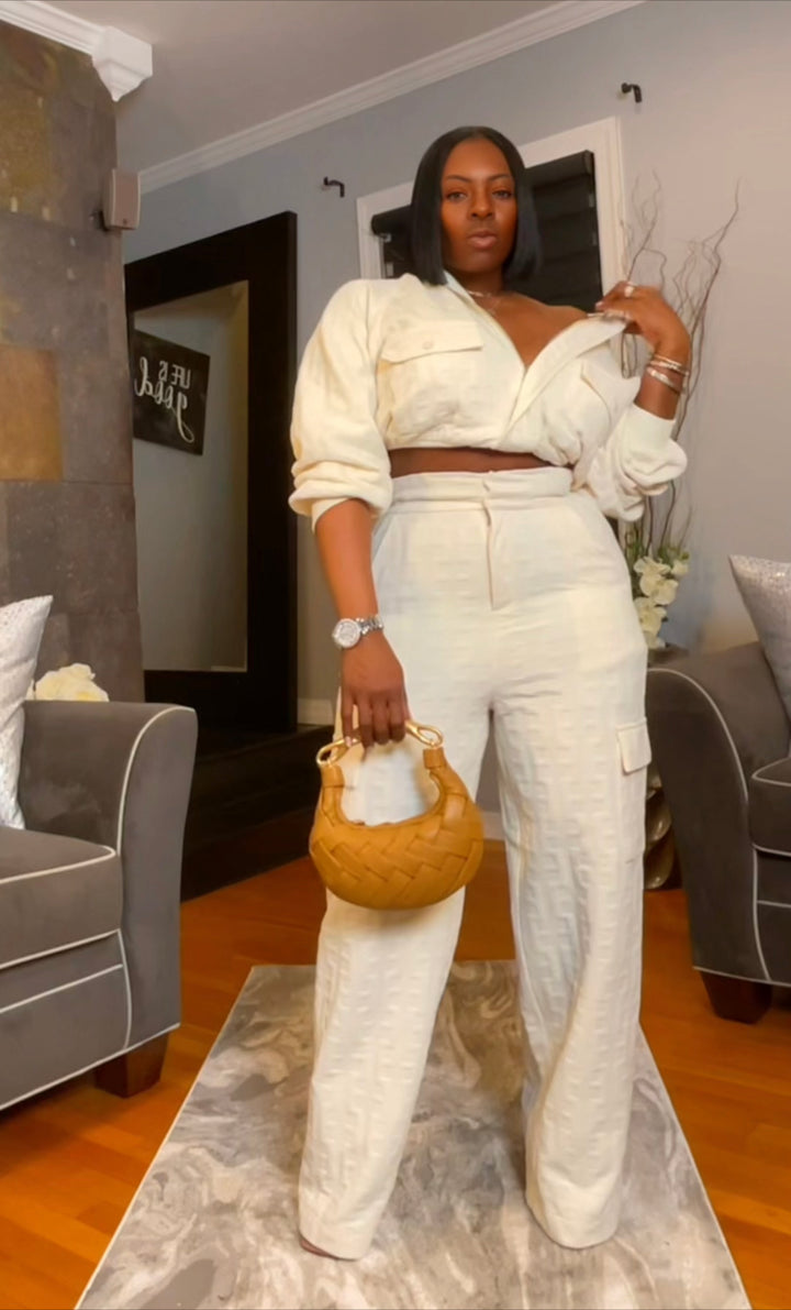 The "Imani" 2 Piece Embossed Sweatsuit in Ivory | Ready to Ship