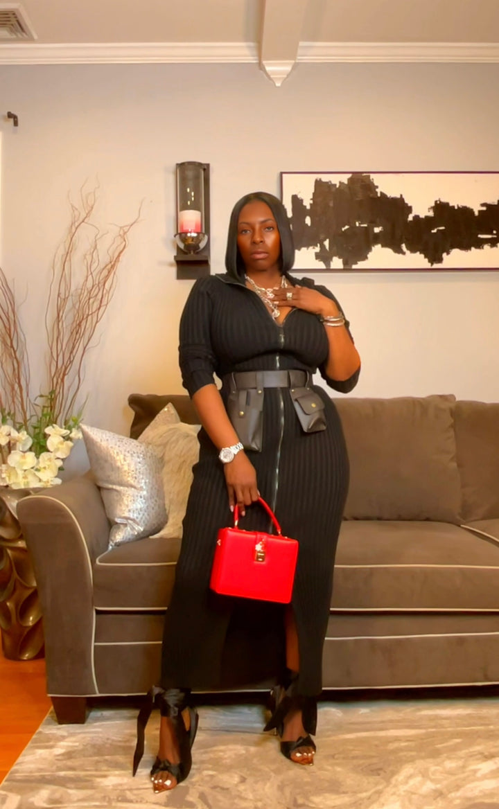 The "Vanguard" Ribbed Maxi Zip Dress in Black