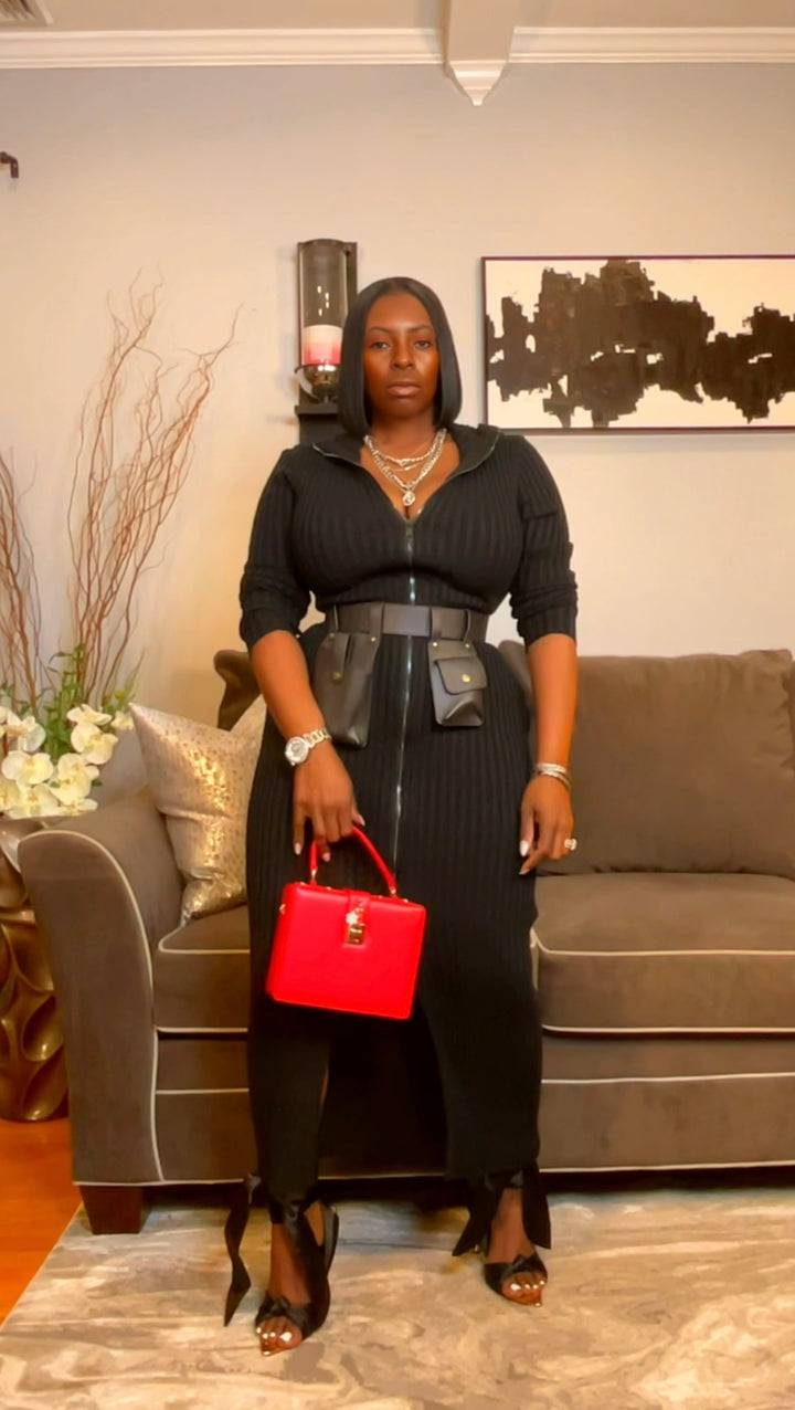 The "Vanguard" Ribbed Maxi Zip Dress in Black