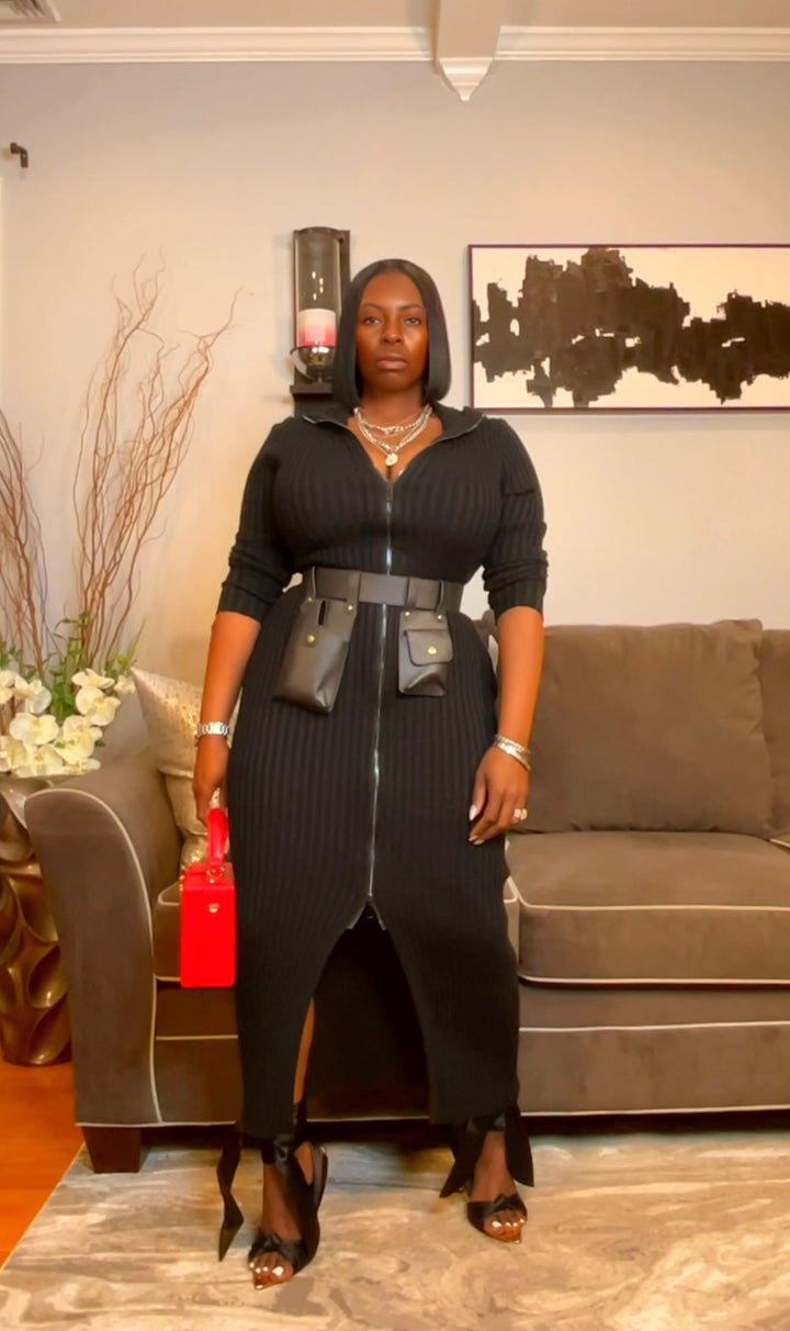 The "Vanguard" Ribbed Maxi Zip Dress in Black