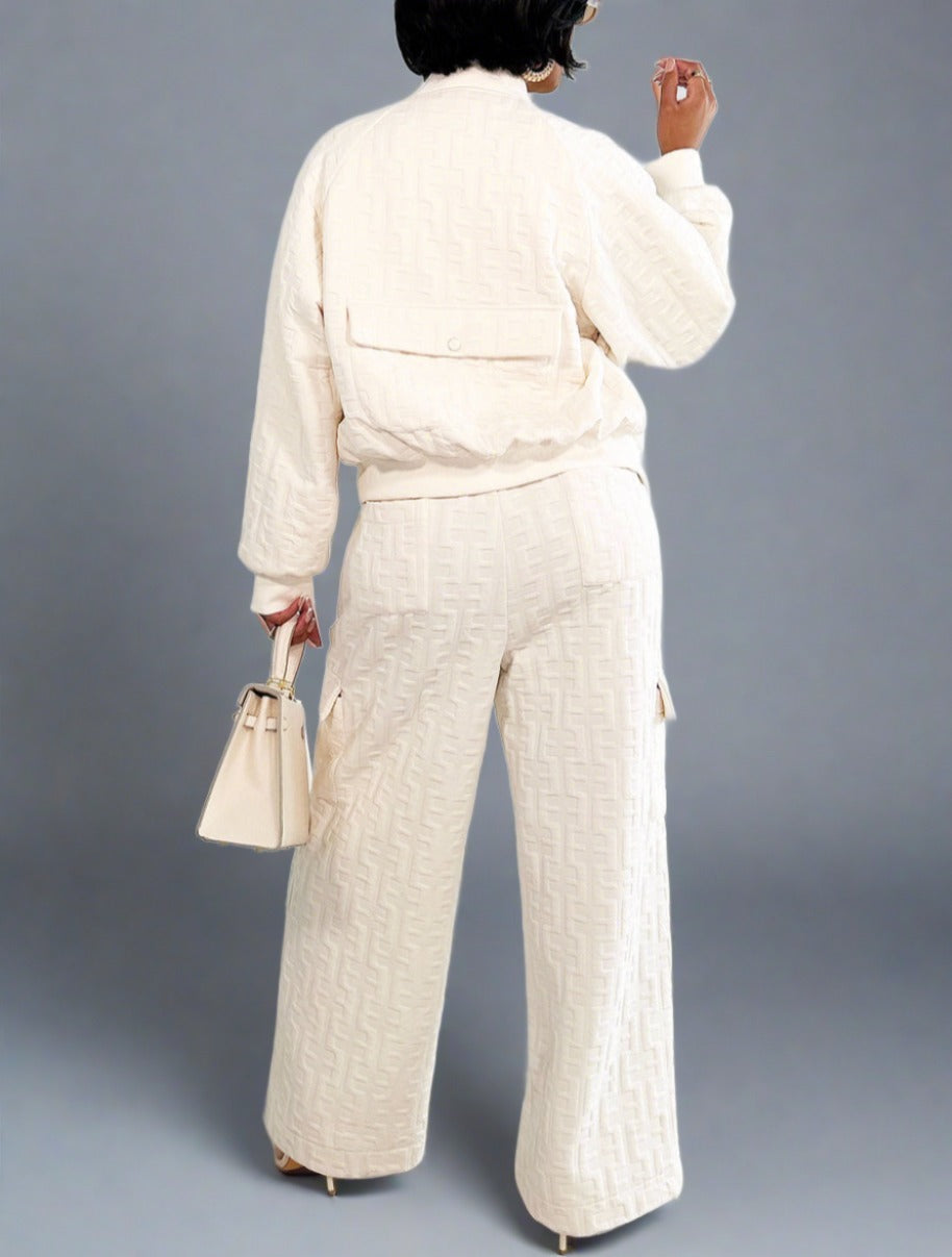 The "Imani" 2 Piece Embossed Sweatsuit in Ivory | Ready to Ship
