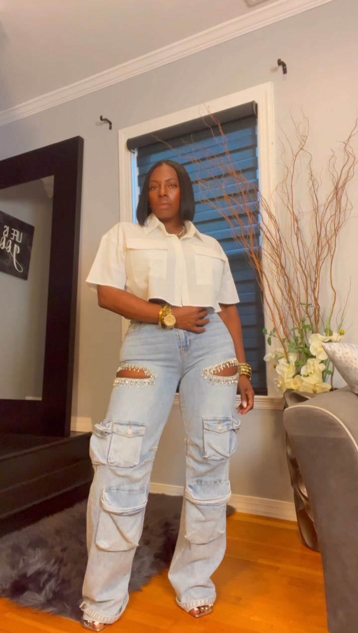 The "Siarra" Rhinestone Slit Cargo Jeans | Ready to Ship