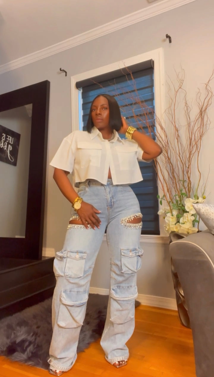 The "Siarra" Rhinestone Slit Cargo Jeans | Ready to Ship