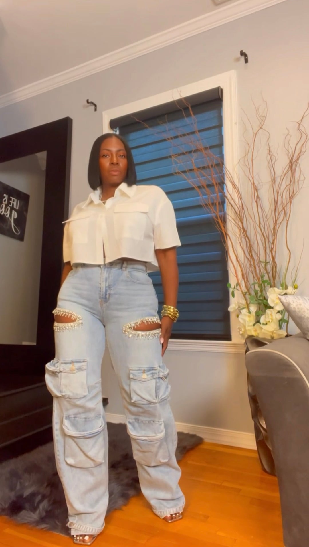 The "Siarra" Rhinestone Slit Cargo Jeans | Ready to Ship