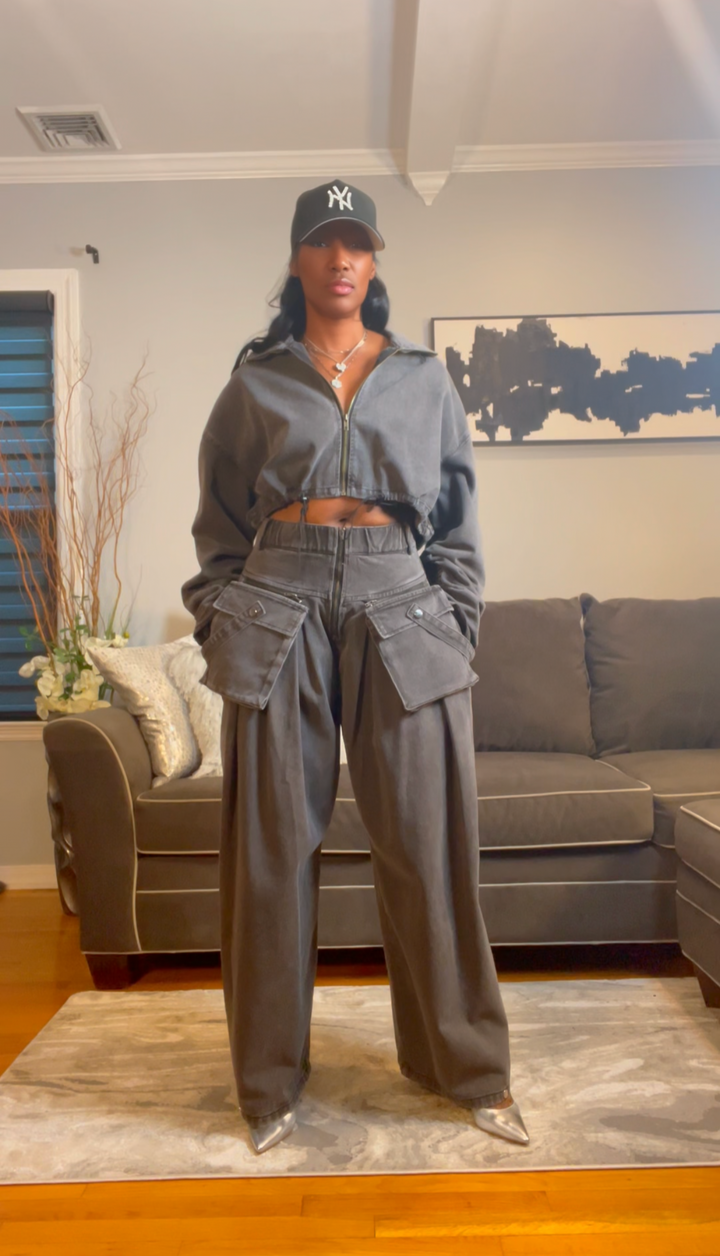 The "In High Demand" 2 Piece Denim Pants Set in Black | Ships Next Day