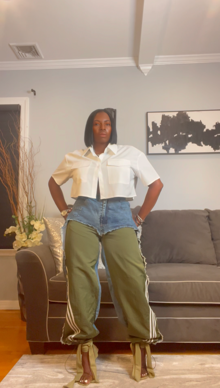 The "Tazanni" Cargo/Denim Remix Pants in Olive – Warehouse Sale | Code: 40%OFF