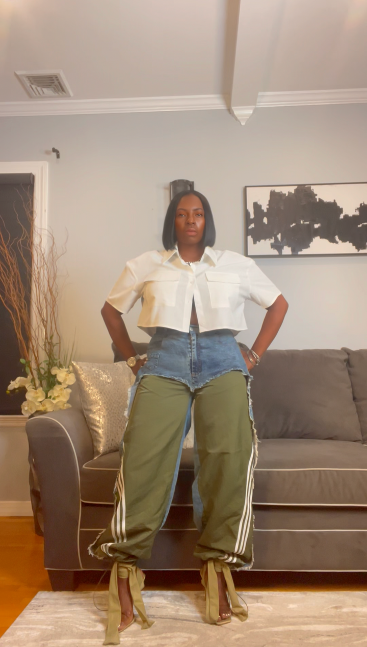 The "Tazanni" Cargo/Denim Remix Pants in Olive – Warehouse Sale | Code: 40%OFF