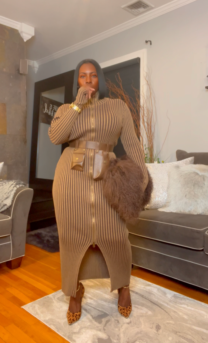 The "Vanguard" Ribbed Maxi Zip Dress in Mocha | Pre-Order - Ships Between January 15th - January 30th