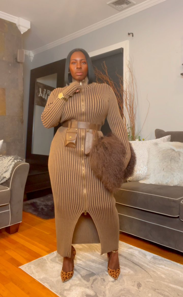 The "Vanguard" Ribbed Maxi Zip Dress in Mocha | Pre-Order - Ships Between January 15th - January 30th