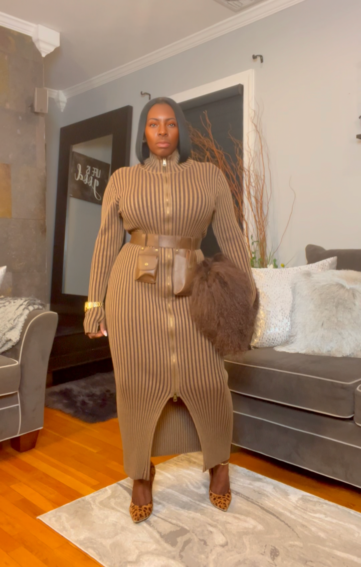 The "Vanguard" Ribbed Maxi Zip Dress in Mocha | Pre-Order - Ships Between January 15th - January 30th