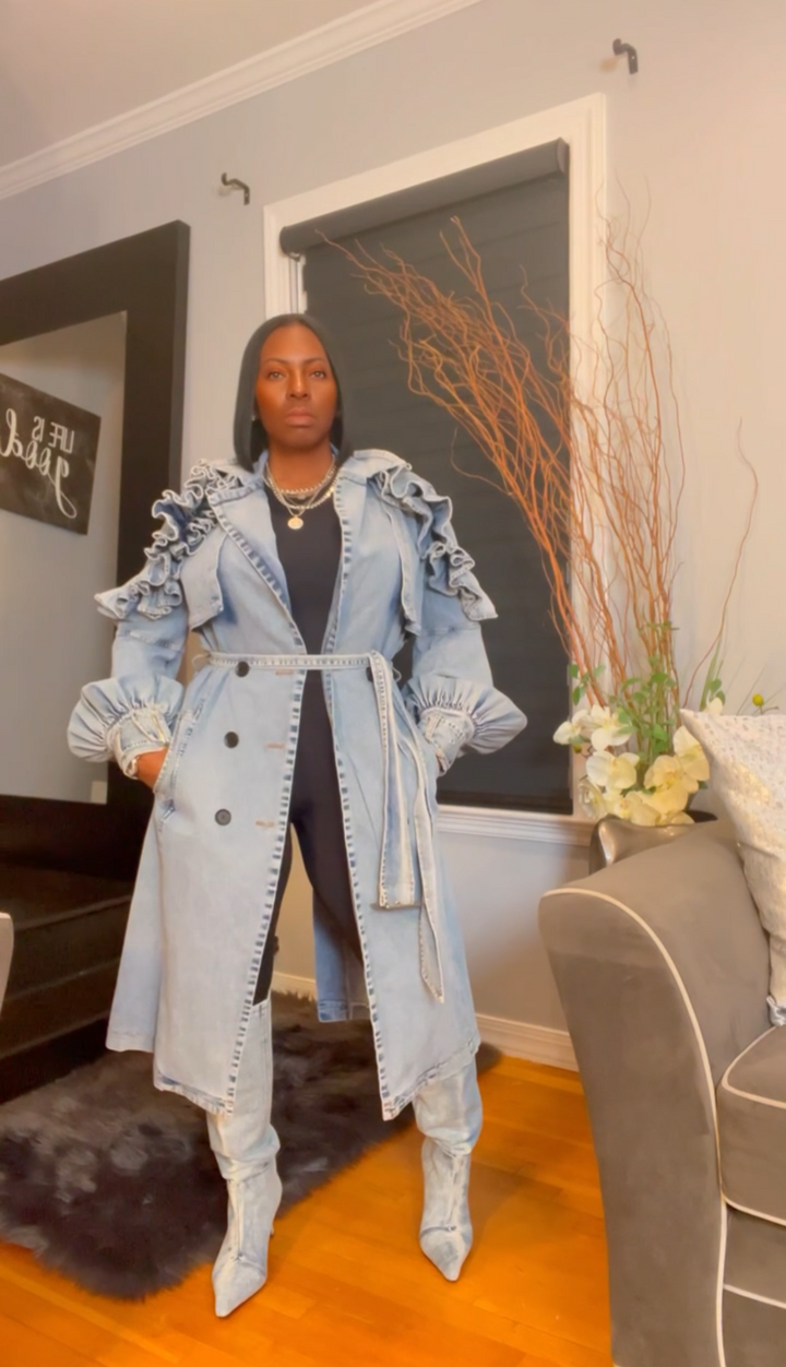 The "Azhani" Ruffle Denim Trench Coat  | Pre-Order - Ships Between January 15th - January 30th