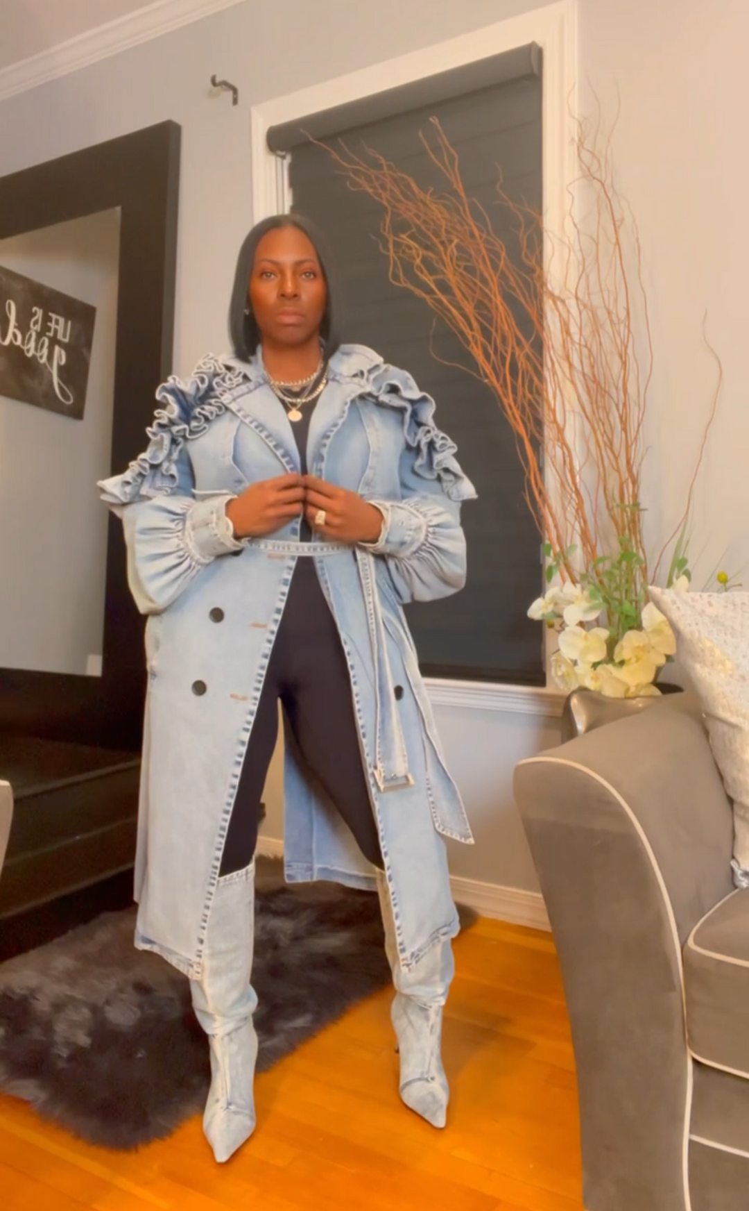 The "Azhani" Ruffle Denim Trench Coat  | Pre-Order - Ships Between January 15th - January 30th