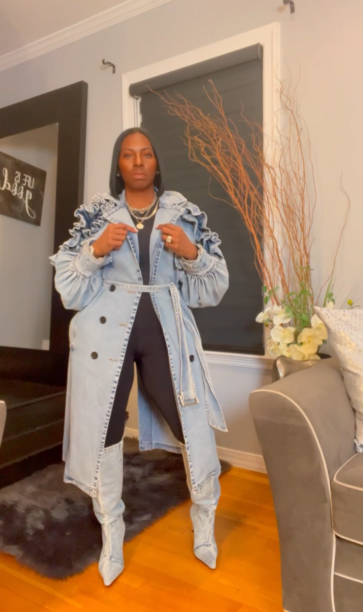 The "Azhani" Ruffle Denim Trench Coat  | Pre-Order - Ships Between January 15th - January 30th