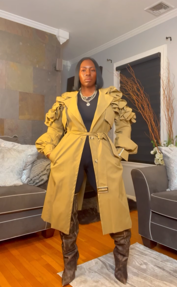 The "Kyria" Ruffle Sleeve Trench in Khaki | Pre-Order - Ships Between January 15th - January 30th