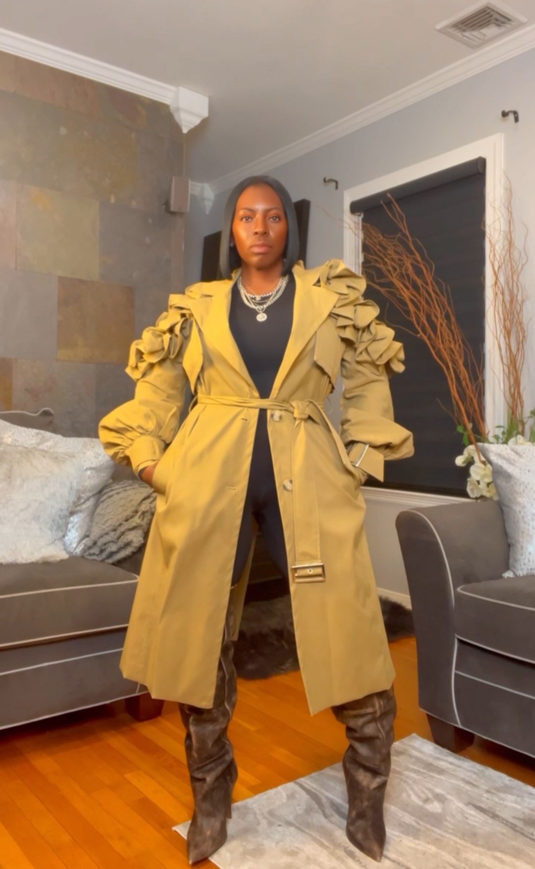 The "Kyria" Ruffle Sleeve Trench in Khaki | Pre-Order - Ships Between January 15th - January 30th