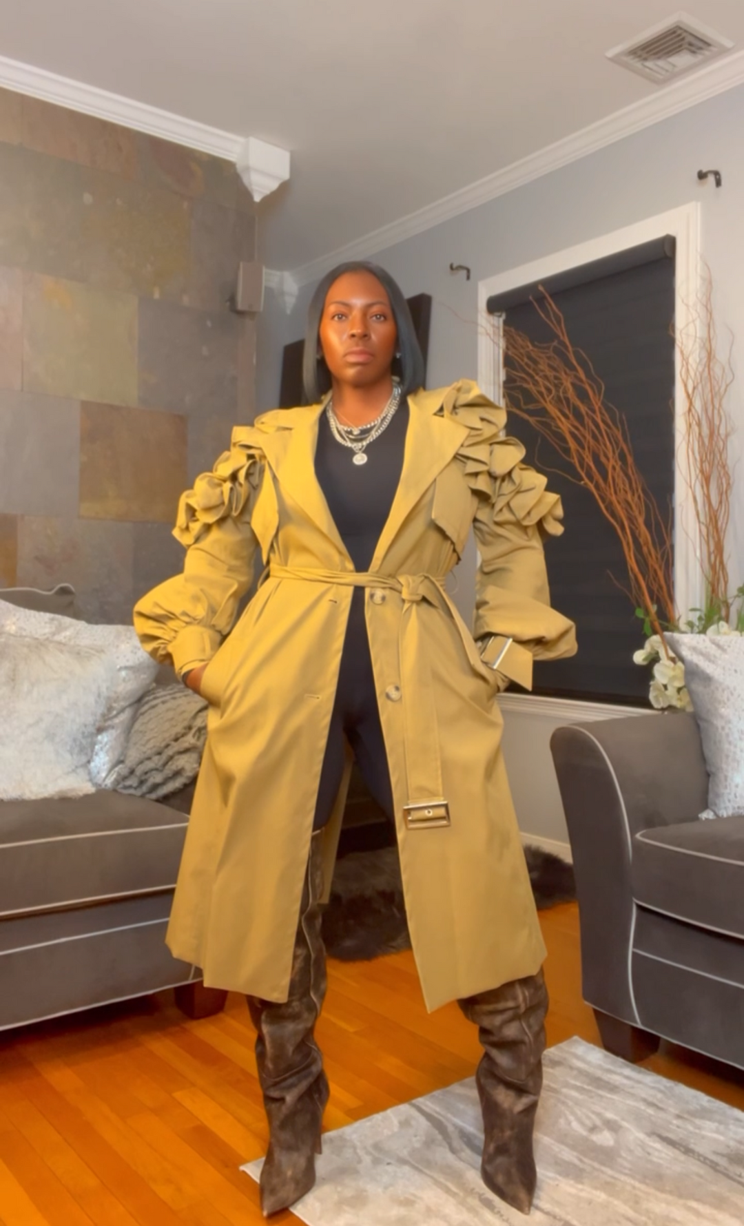 The "Kyria" Ruffle Sleeve Trench in Khaki | Pre-Order - Ships Between January 15th - January 30th