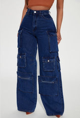The "Kara" Wide-Leg Dark Denim Cargo Jeans | Ready to Ship — 40% OFF
