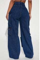 The "Kara" Wide-Leg Dark Denim Cargo Jeans | Ready to Ship — 40% OFF