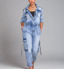 The "Keerah" Boiler Room Cargo Jumpsuit in Blue | Ready to Ship — 40% OFF