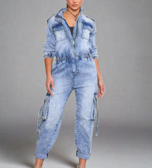 The "Keerah" Boiler Room Cargo Jumpsuit in Blue | Ready to Ship — 40% OFF