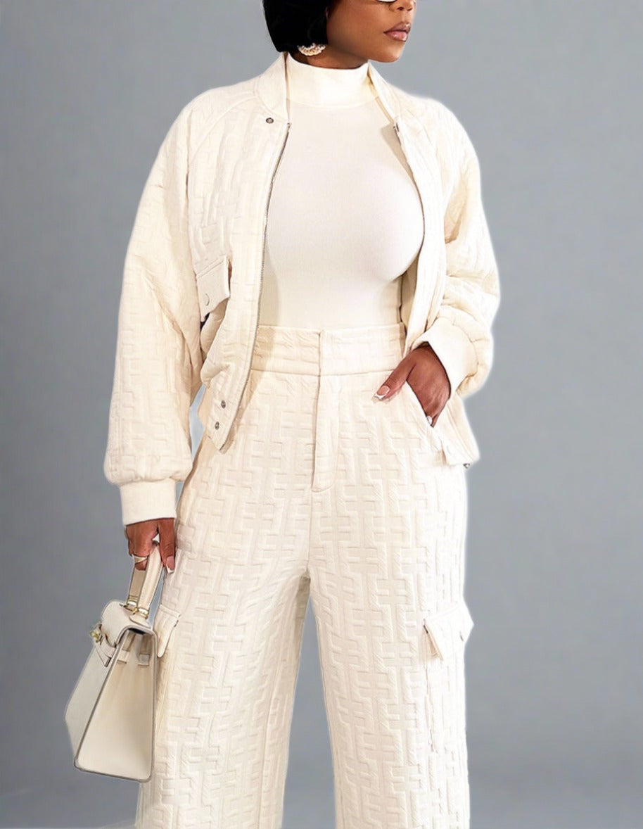 The "Imani" 2 Piece Embossed Sweatsuit in Ivory | Ready to Ship